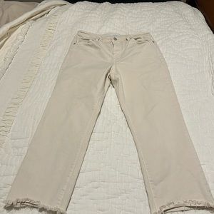 Loft cream jeans. Straight leg. High waisted. Raw hem. Size 8.